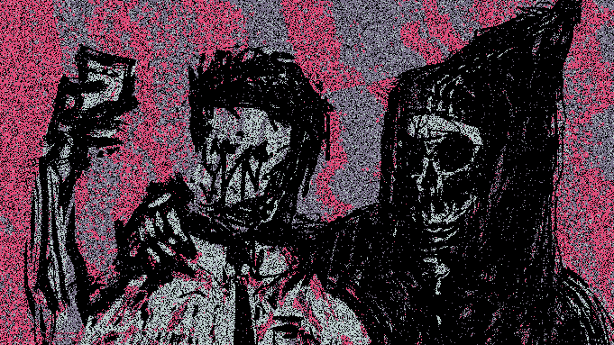 A fuzzy moving image of a hooded skeleton and a person posing for a photo.