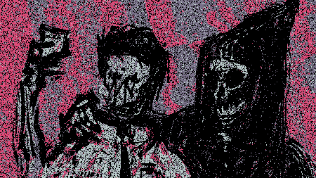 A fuzzy moving image of a hooded skeleton and a person posing for a photo.