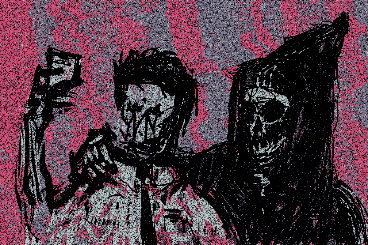 A fuzzy moving image of a hooded skeleton and a person posing for a photo.