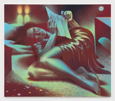 A painting of a woman lying on the floor reading a letter. She stares at the viewer. 