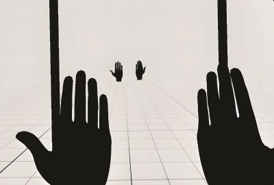 Two pairs of black computer-generated hands in a white void.