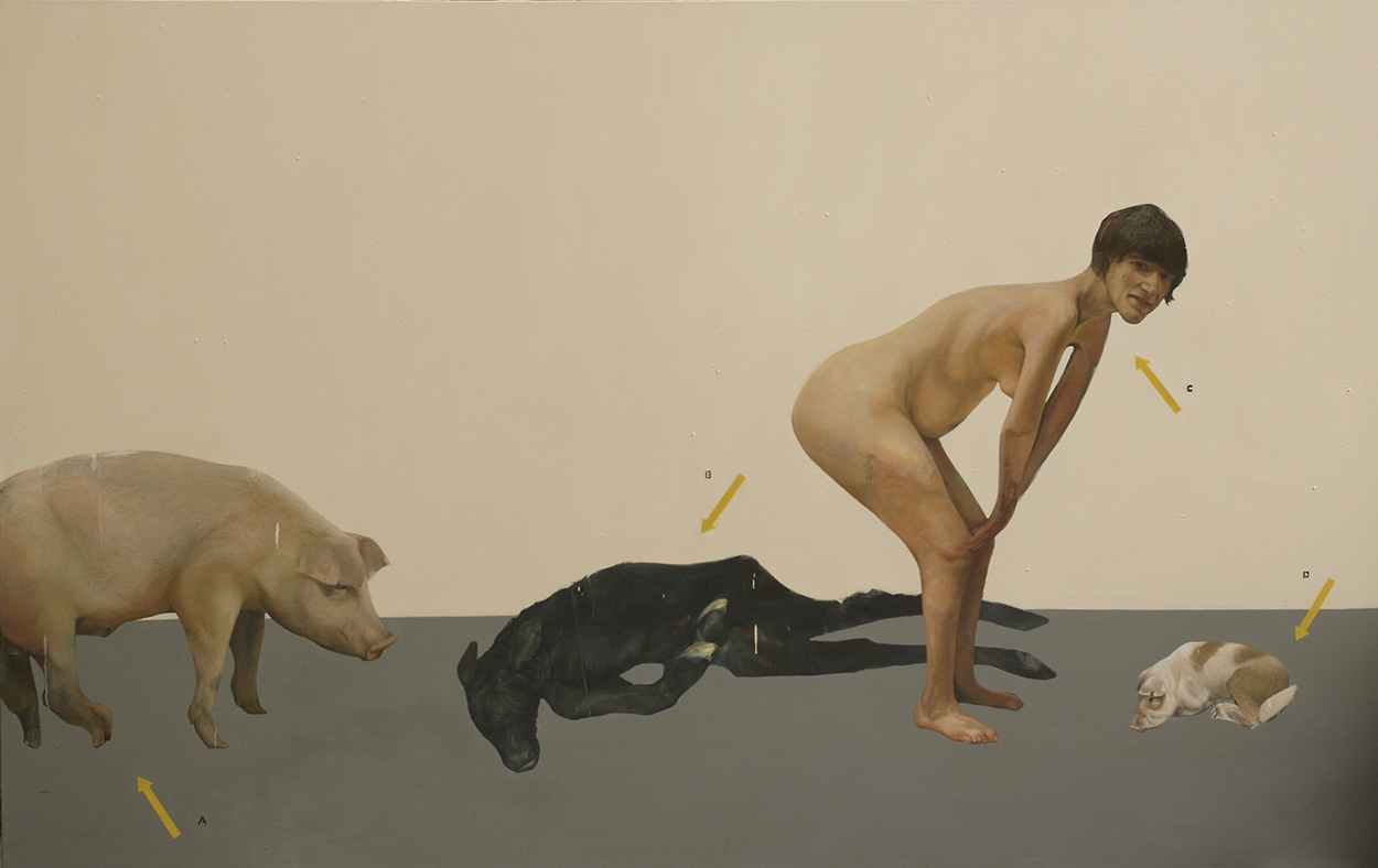 A nude female figure is crouching down. Three nonhuman animals are crouching, too, a pig, a goat, and possibly another pig.