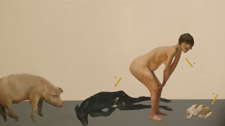 A nude female figure is crouching down. Three nonhuman animals are crouching, too, a pig, a goat, and possibly another pig.