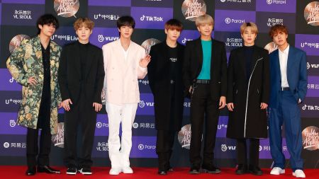 Members of South Korean boy band 'Bangtan Boys, BTS' pose as they arrive for the 34st annual Golden Disk Awards ceremony at the Gocheok Sky Dome in Seoul, South Korea, 05 January 2020. The Golden Disc Awards is recognized as the most traditional music awards ceremony in South Korea, with an award ceremony to select the best albums, singers and producers in the Korean pop scene.34nd Golden Disk Awards in Seoul, Korea - 05 Jan 2020
