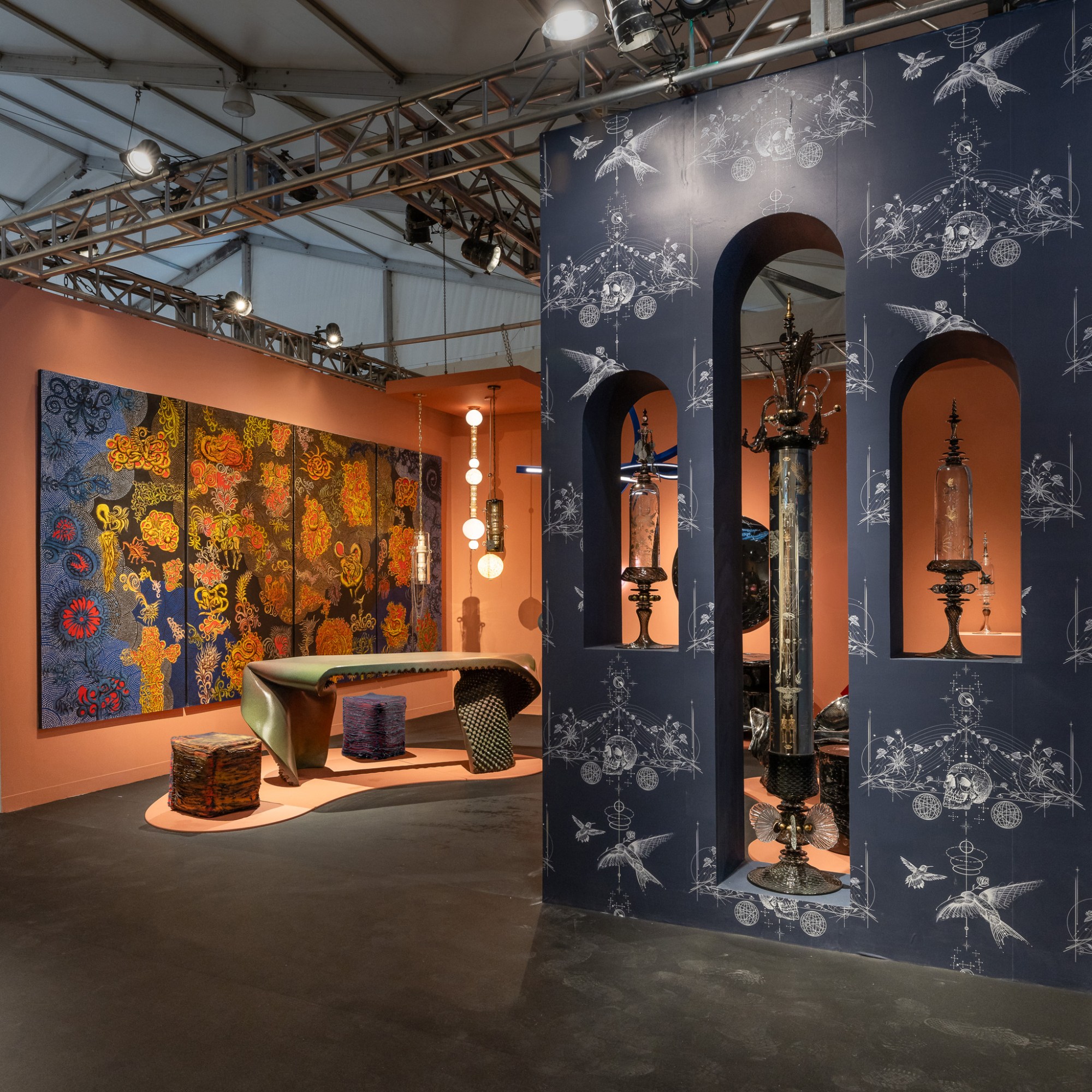 Wexler Gallery’s presentation at Design Miami 2024, featuring works by Andy Paiko and Dr. Woo, Henry Bermudez, Benjamin Gillespie, Nick Missel, Feyza Kemahlioglu, and Gregory Nangle.