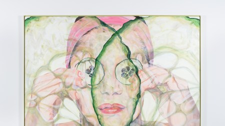 A painting of a woman's face below a pink head wrap with cucumber slices over her eyes.