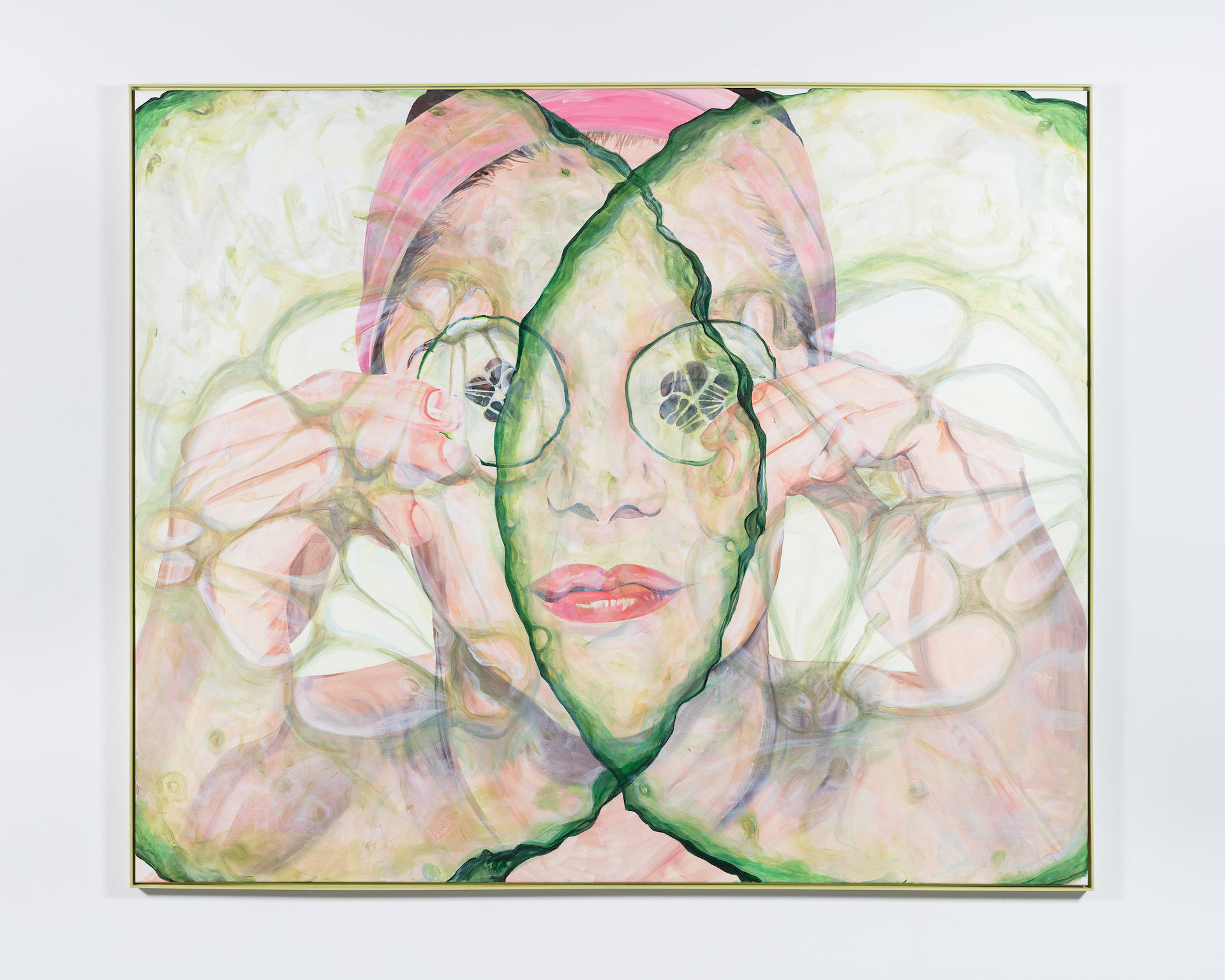 A painting of a woman's face below a pink head wrap with cucumber slices over her eyes.