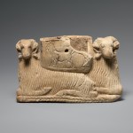 Vessel supported by two rams
Early Dynastic IIIa
ca. 2600
–
2500 BCE
Mesopotamia
Sumerian
Gypsum alabaster
H. 2 3/4 x W. 4 5/8 x D. 1 3/16 in. (7 x 11.8 x 3 cm)
Gift of Norbert Schimmel Trust, 1989