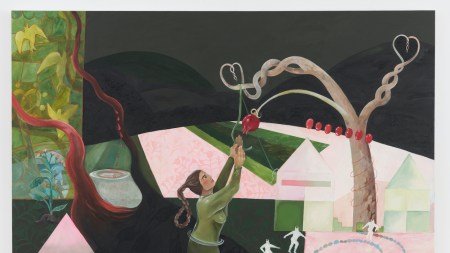 A horizontal painting depicts a woman reaching up to pick a pomegranate from a twisted tree in a field of houses and planes of color.