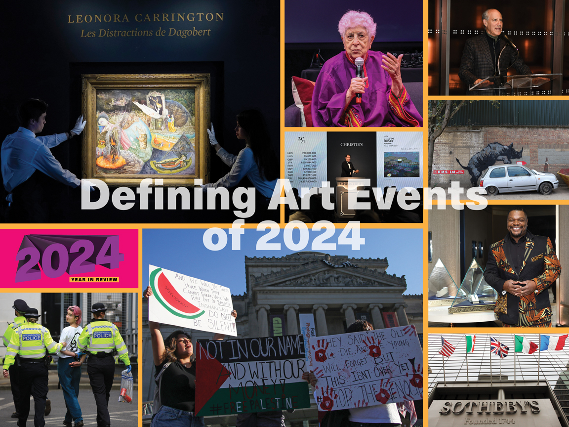 A collage of images overlaid with text that reads "Defining Art Events of 2024."