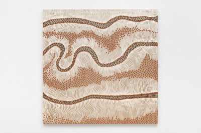 An abstract painting in white, tan, and orange, with snake-like lines.