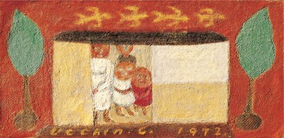 A painting of several figures clustered in a small house bordered by two trees.