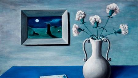 A painting of a white vase on a table with a blue cloth in front of a blue wall with another painting on it.