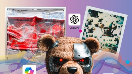 A "Terminator" Teddy Bear is in front of an abstract installation, a polaroid of Robots, and the logos of ChatGPT, Microsoft Copilot, and Google Gemini.