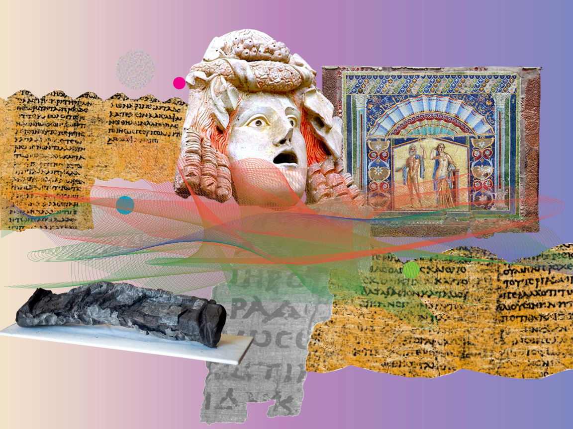 A selection of artworks on a purple and pink gradient background