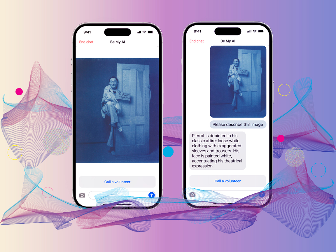 Two iPhones on a purple and pink gradient background