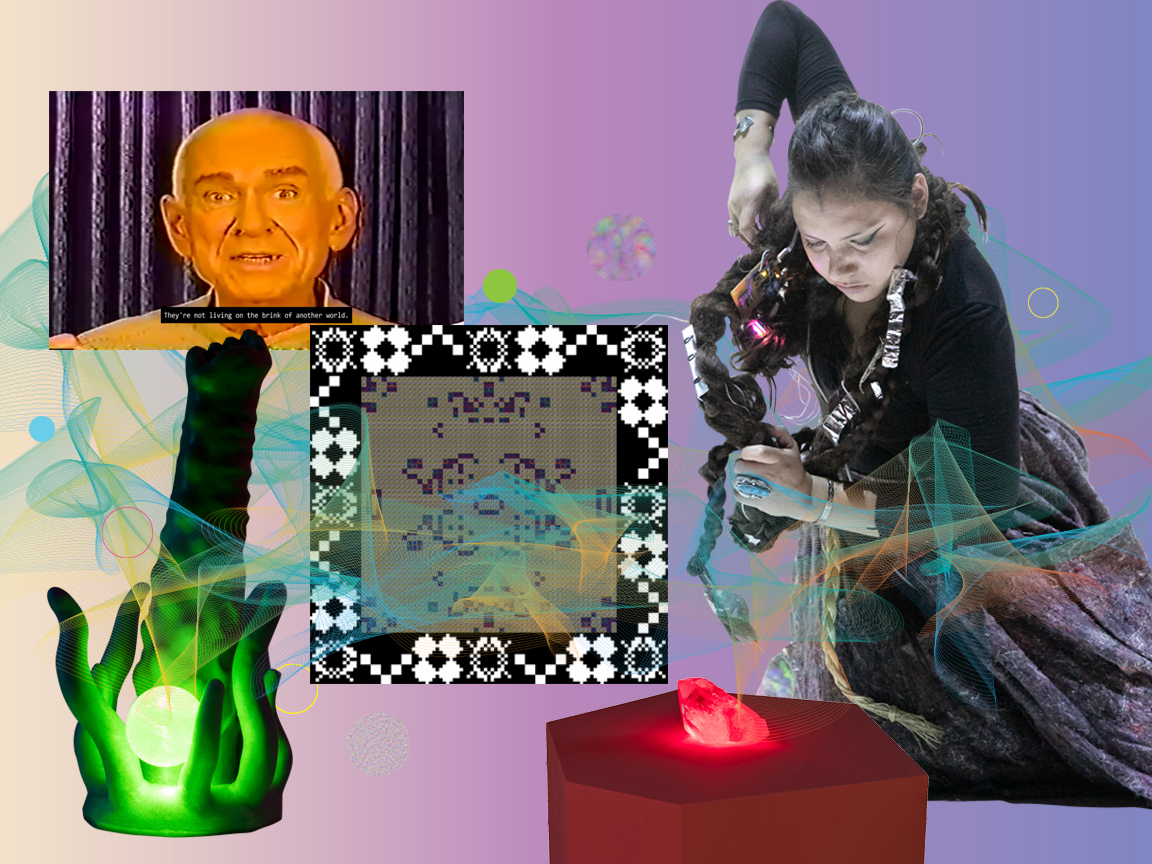 A selection of graphics on a purple and pink gradient background