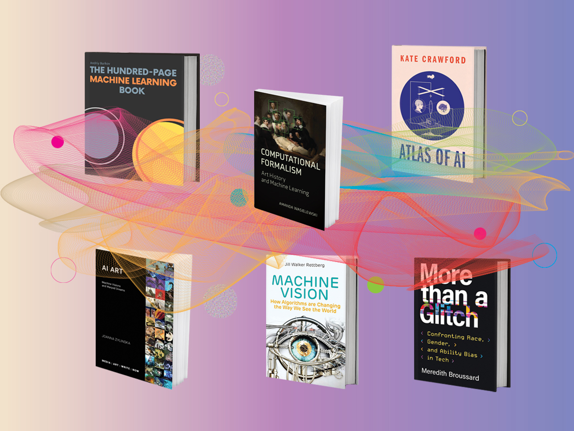 A selection of books on a purple and pink gradient background