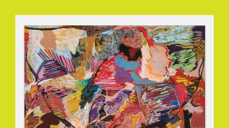 An abstract painting with geometric assemblages of lines and shapes all over the canvas.