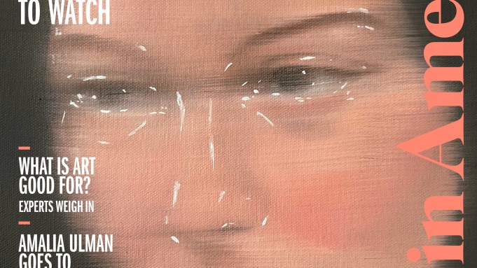 Magazine cover with a close-up painting of a female face with cover with "Art in America" running along the right side in orange.
