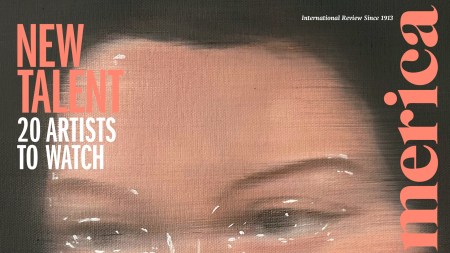 Magazine cover with a close-up painting of a female face with cover with "Art in America" running along the right side in orange.