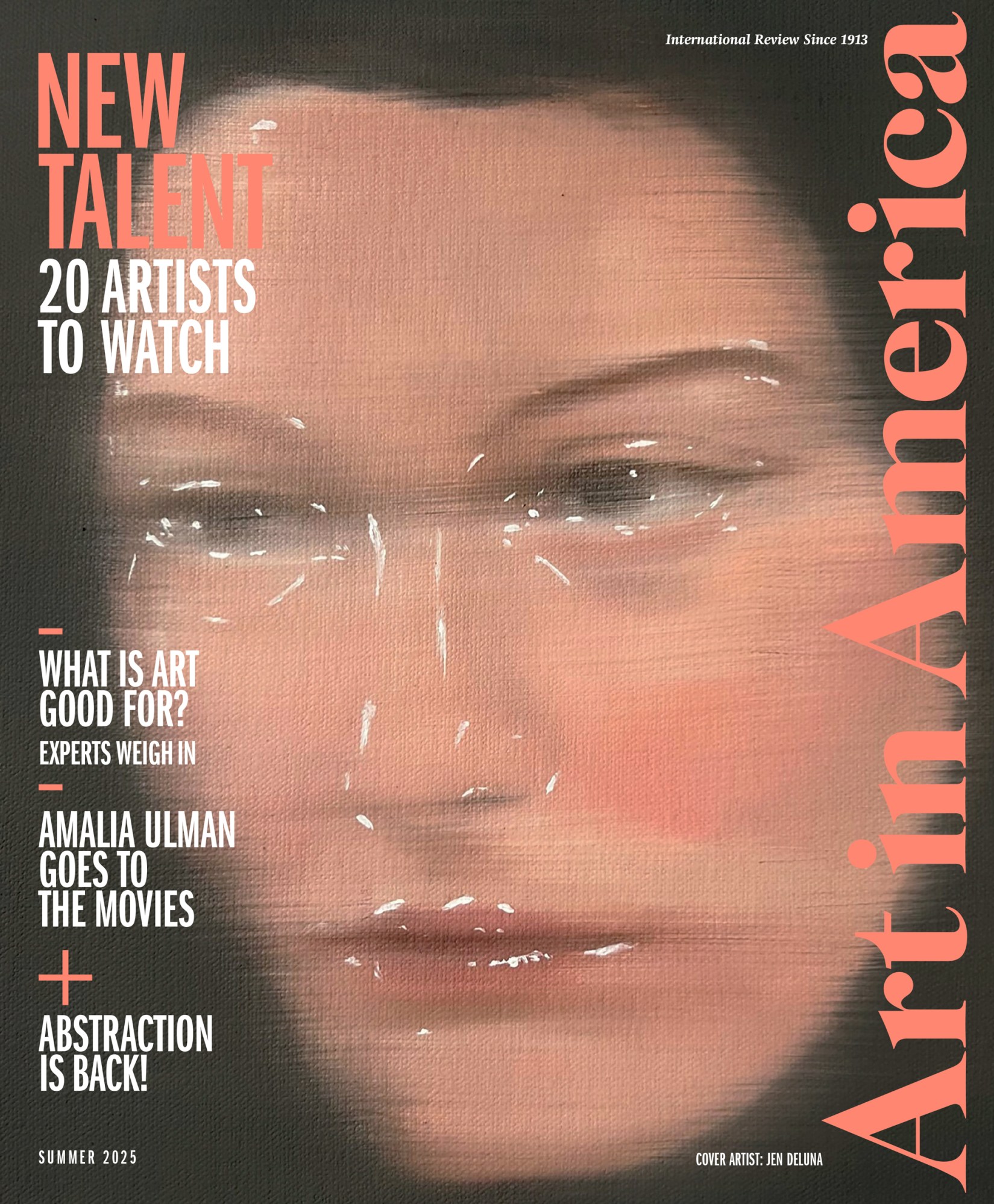 Magazine cover with a close-up painting of a female face with cover with "Art in America" running along the right side in orange.