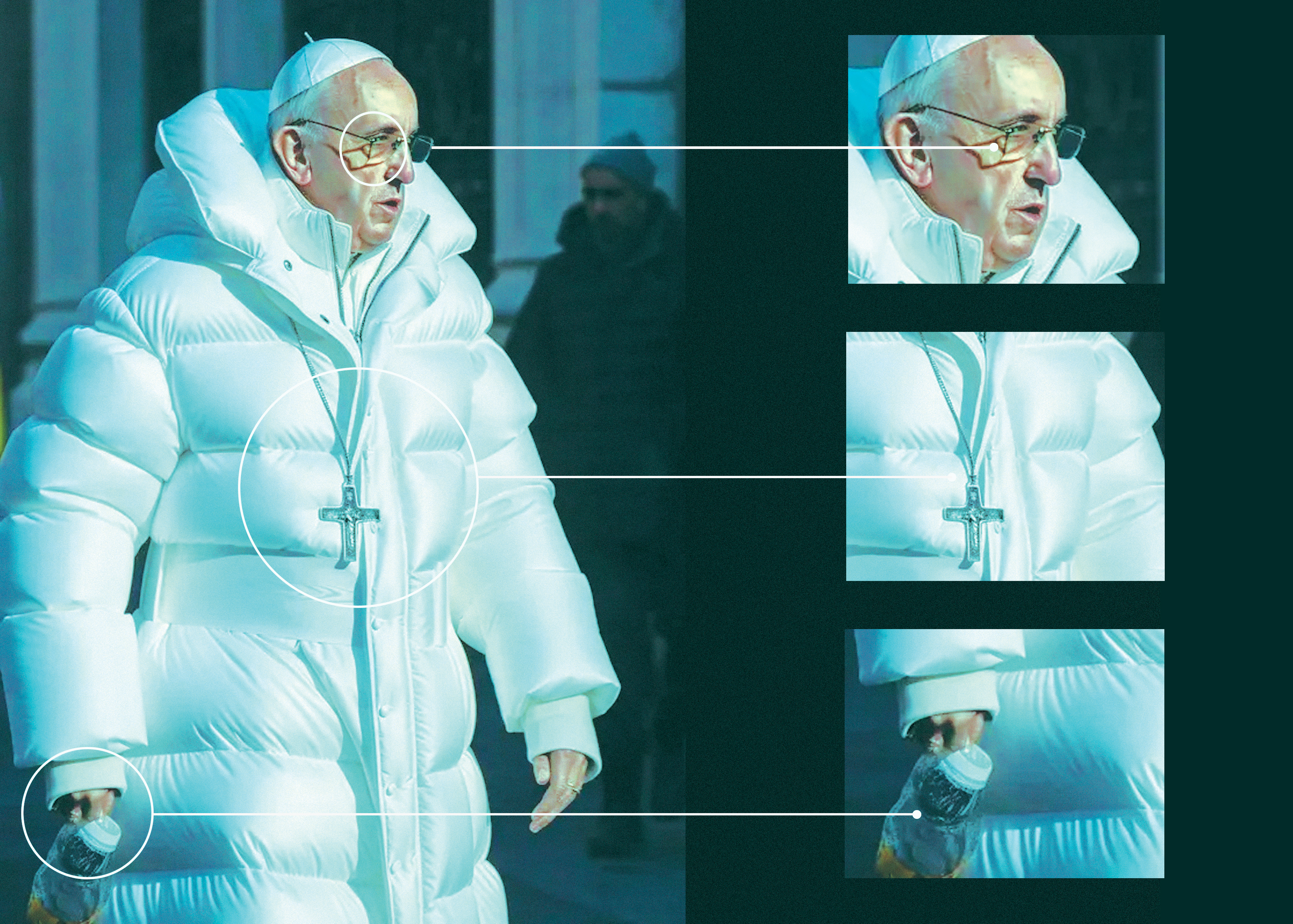 A picture of hte pope wearing a puff jacket, with close-ups revealing AI-generated details.