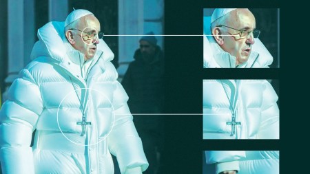 A picture of hte pope wearing a puff jacket, with close-ups revealing AI-generated details.