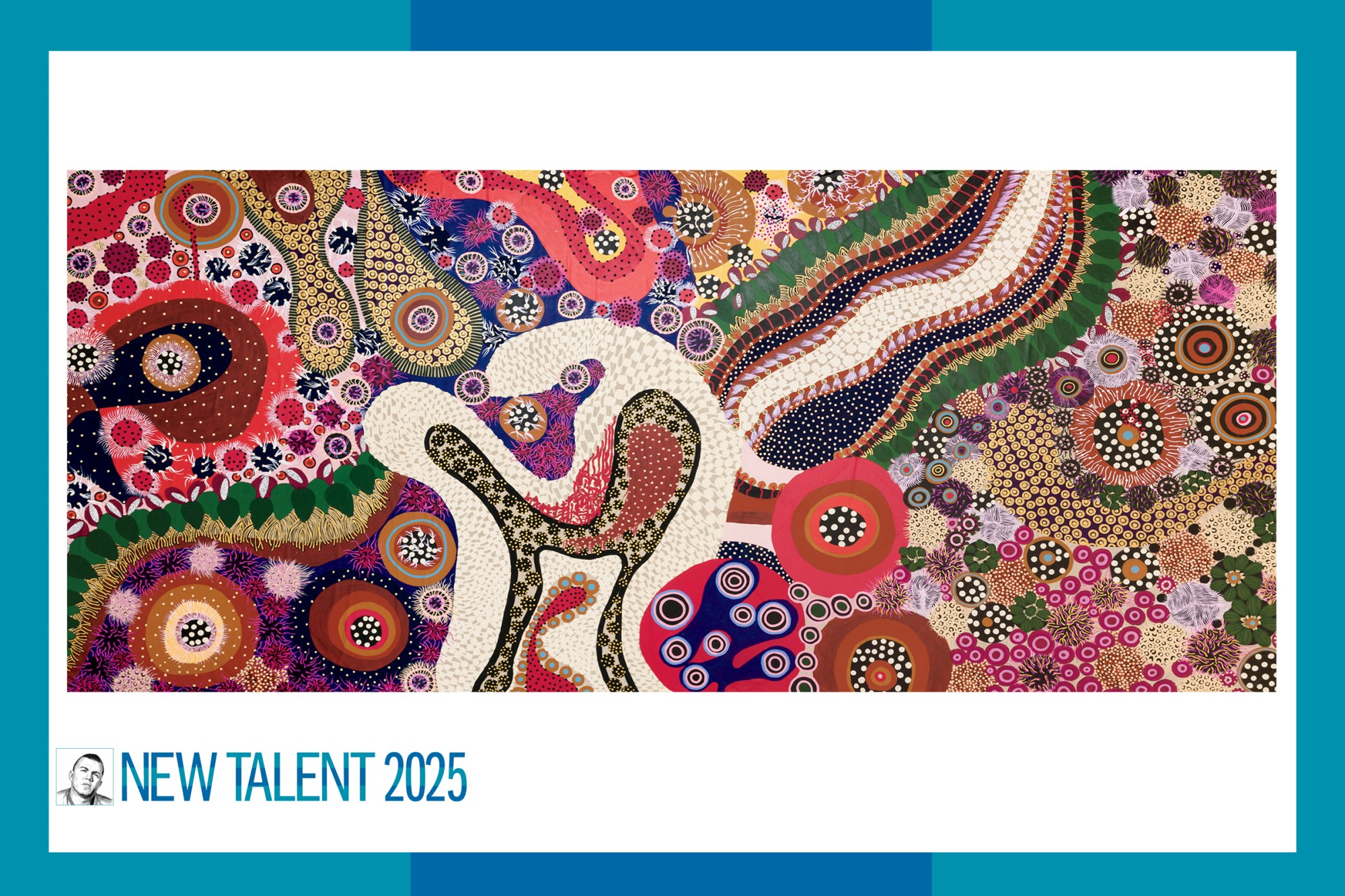 An abstract painting of multicolored amorphous shapes.