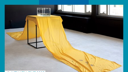A long yellow sheet of fabric draped over a table, with a clear case of liquid on top.