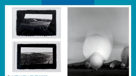 Three black and white photo prints, two of tracks from a rover on Mars and one of a large white telescope.