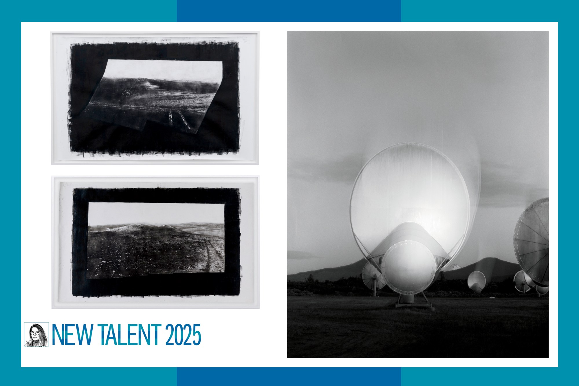 Three black and white photo prints, two of tracks from a rover on Mars and one of a large white telescope.