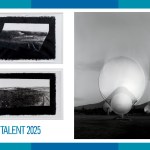 Three black and white photo prints, two of tracks from a rover on Mars and one of a large white telescope.