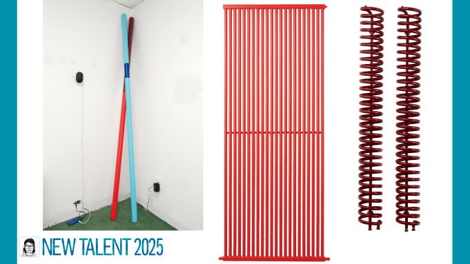 graphic with a small portrait of the artist and text saying New Talent 2025, and three images of monochromatic sculptures: tall blue and red poles leaning against a wall in the corner of a room; a red-painted radiator; two brown radiator coils