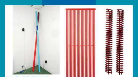 graphic with a small portrait of the artist and text saying New Talent 2025, and three images of monochromatic sculptures: tall blue and red poles leaning against a wall in the corner of a room; a red-painted radiator; two brown radiator coils