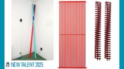 graphic with a small portrait of the artist and text saying New Talent 2025, and three images of monochromatic sculptures: tall blue and red poles leaning against a wall in the corner of a room; a red-painted radiator; two brown radiator coils