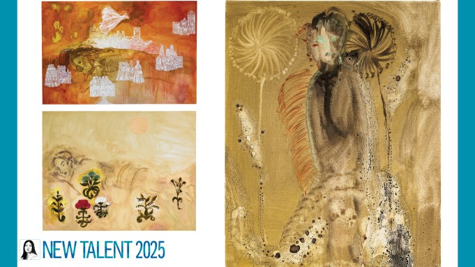 Three paintings in a composite with an illustration of a female artist at bottom.