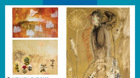 Three paintings in a composite with an illustration of a female artist at bottom.