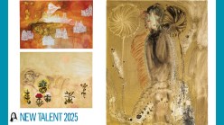 Three paintings in a composite with an illustration of a female artist at bottom.