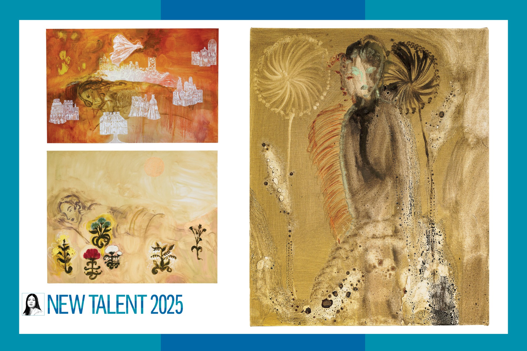 Three paintings in a composite with an illustration of a female artist at bottom.