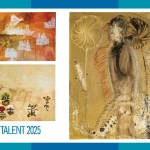 Three paintings in a composite with an illustration of a female artist at bottom.