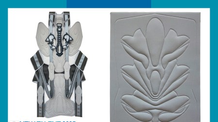 Two artworks side by side: A sculpture that looks like a harness with straps, and a wall work sewn into abstract patterns.