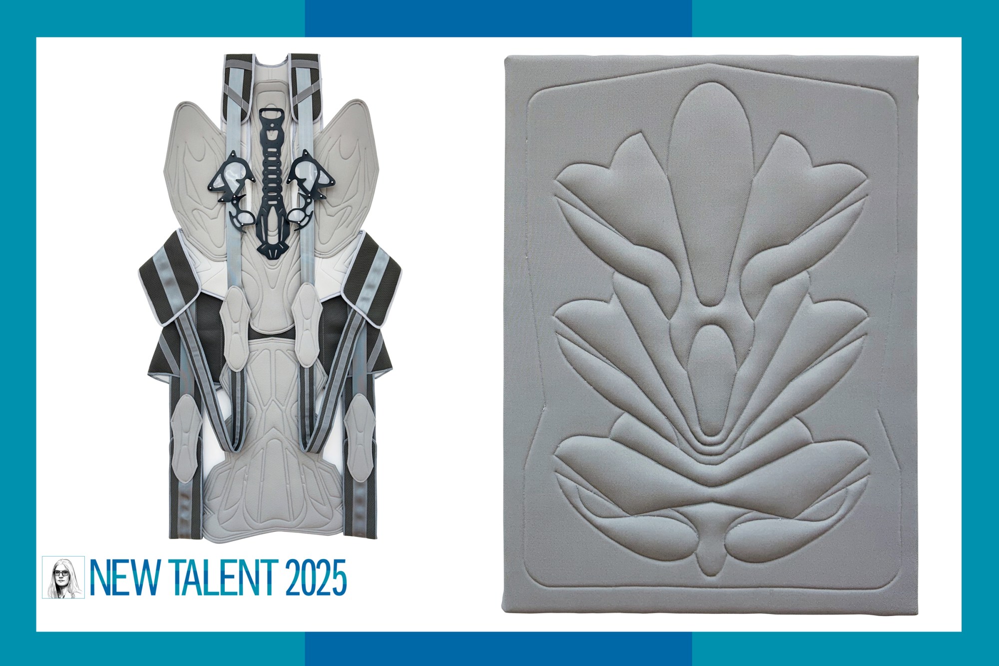 Two artworks side by side: A sculpture that looks like a harness with straps, and a wall work sewn into abstract patterns.