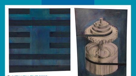 Two paintings, one a series of horizontal lines in black and blue, and the other a kind of cylindrical gear.