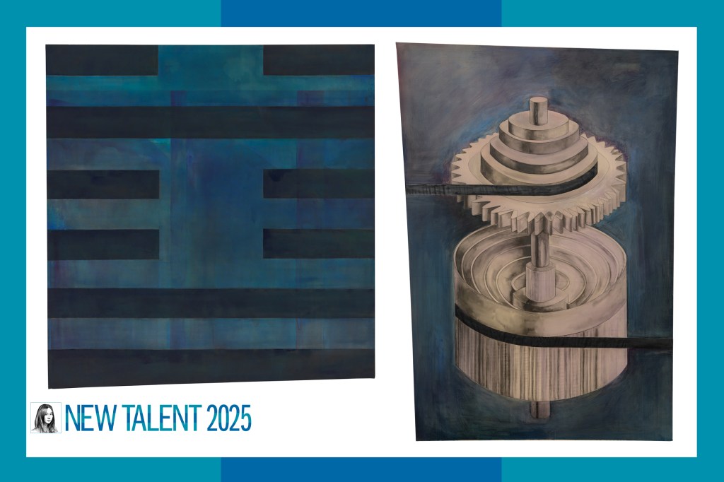 Two paintings, one a series of horizontal lines in black and blue, and the other a kind of cylindrical gear.
