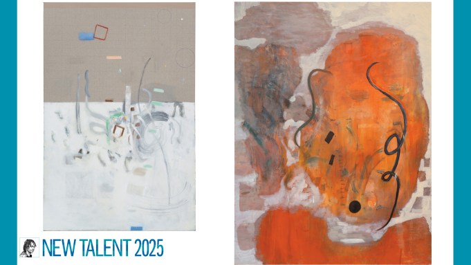Two vertical abstract paintings. One is bisected with a concrete-colored plane and a white plane. There are additional marks somewhere between gemoetric and gestural. The other is dominated by a glowing orang eorb and a black squiggle with two curlicues.