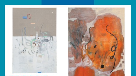 Two vertical abstract paintings. One is bisected with a concrete-colored plane and a white plane. There are additional marks somewhere between gemoetric and gestural. The other is dominated by a glowing orang eorb and a black squiggle with two curlicues.