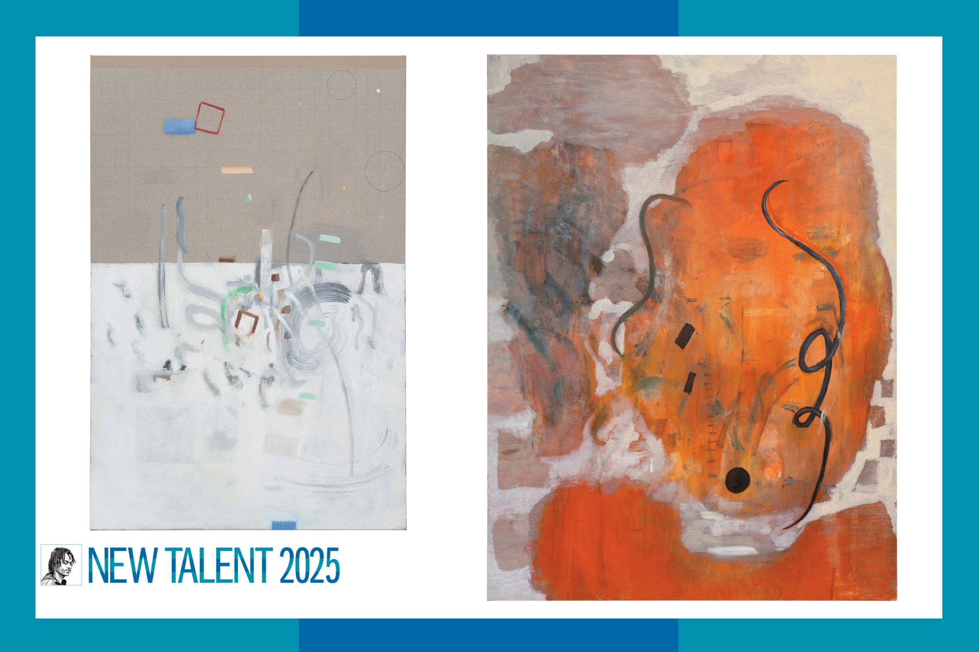 Two vertical abstract paintings. One is bisected with a concrete-colored plane and a white plane. There are additional marks somewhere between gemoetric and gestural. The other is dominated by a glowing orang eorb and a black squiggle with two curlicues.