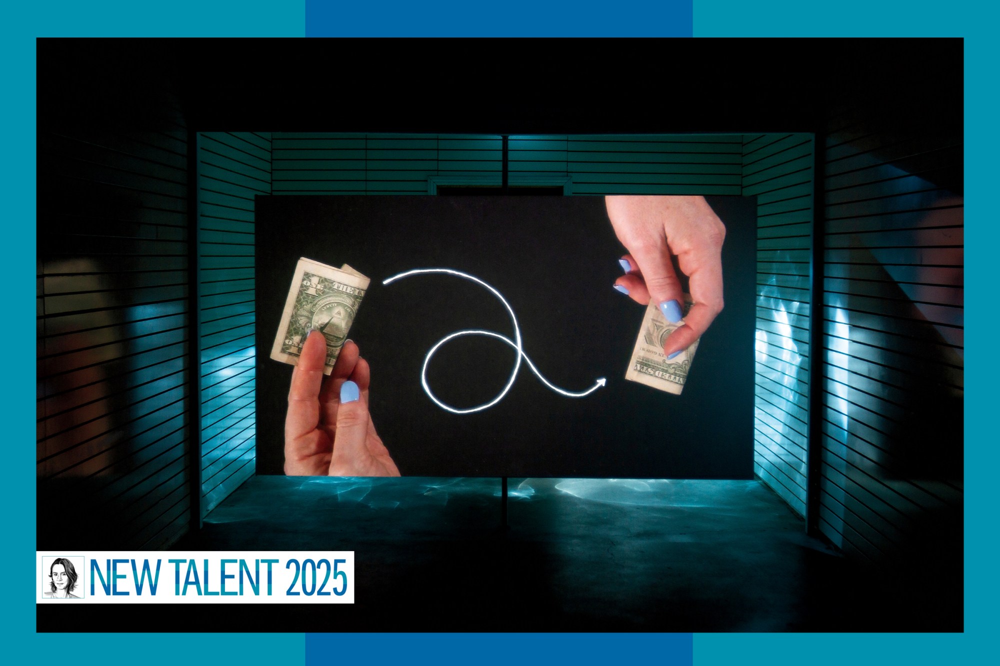 On a screen in a dark space, two light-skinned hands with periwinkle nails hold money; a drawn looping white arrow connects them.