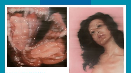 Two paintings in a blue frame. Left is a pair of slobbery fanged dog mouths. Right is a woman with big hair and shiny skin against a pink background.